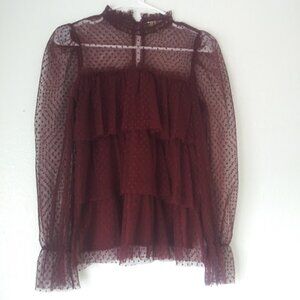 Jolie & Joy Burgundy Lace Mesh Blouse women's size S